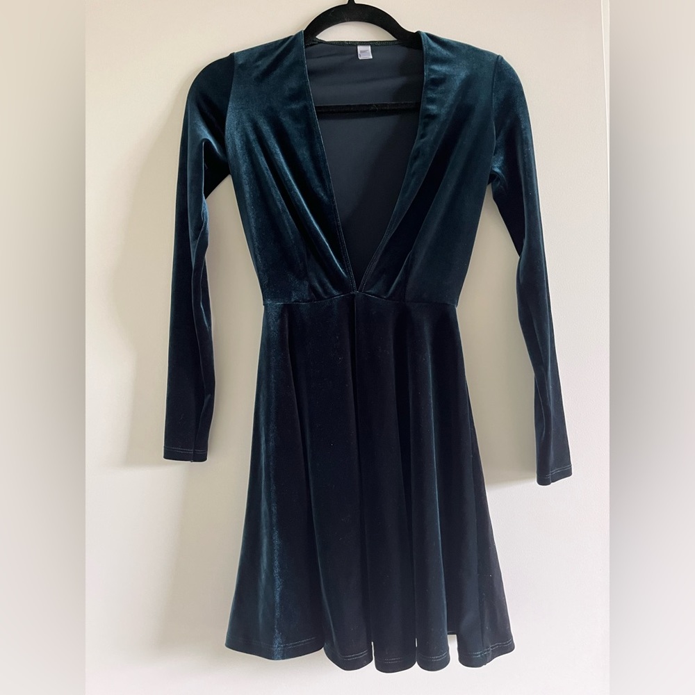 American Apparel deep v velvet skater dress, blue/green, size XS never worn